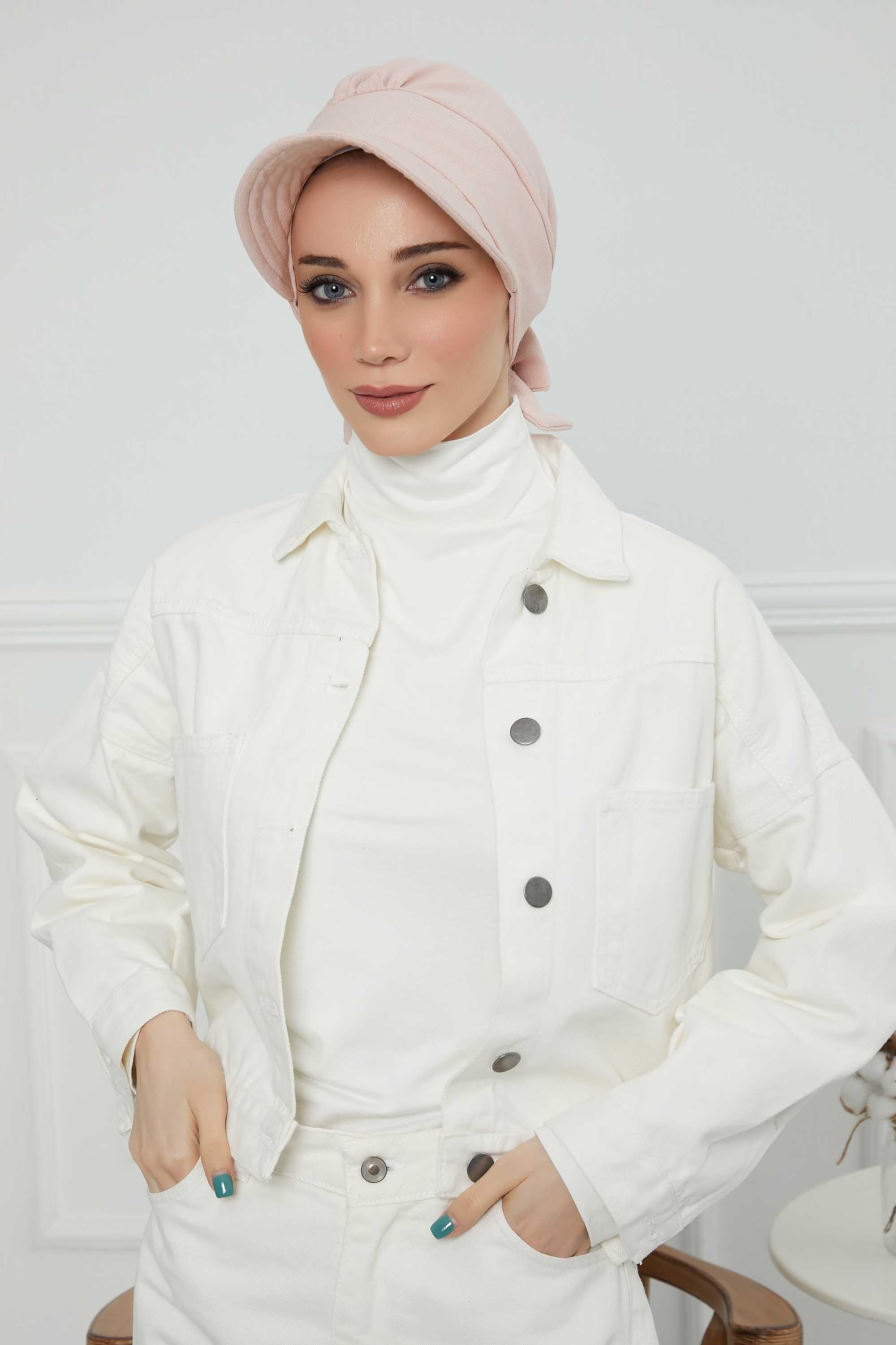 Fancy Visor Turban Headscarf for Women, Instant Turban Newsboy Hat, Cotton Turban Bonnet Cap, Plain Comfortable Chemo Visor Headwear,S-1 Light Powder