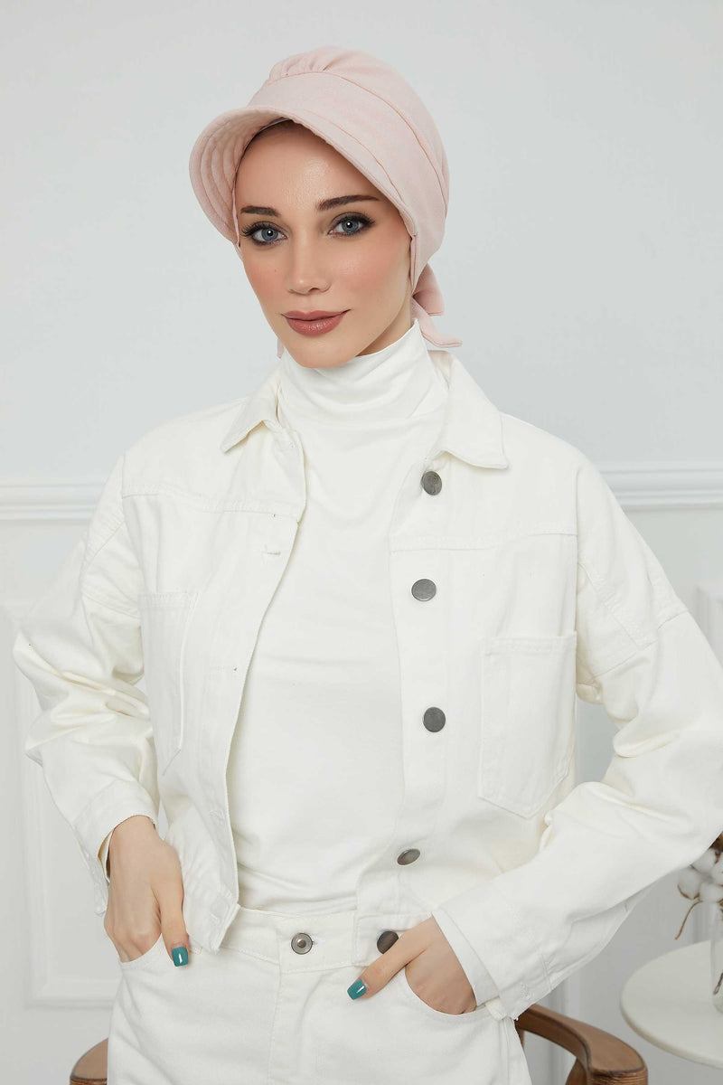 Fancy Visor Turban Headscarf for Women, Instant Turban Newsboy Hat, Cotton Turban Bonnet Cap, Plain Comfortable Chemo Visor Headwear,S-1 Light Powder