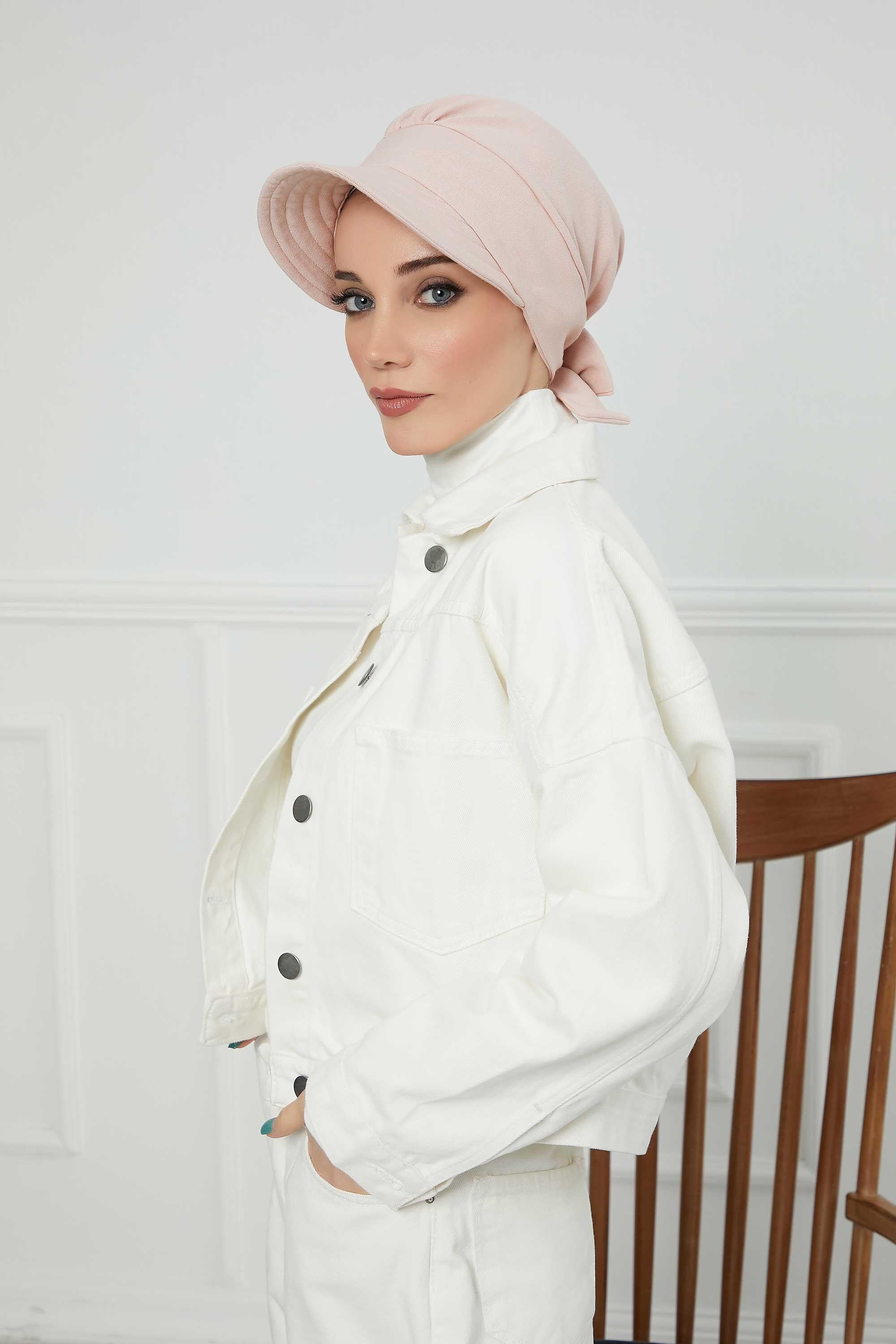 Fancy Visor Turban Headscarf for Women, Instant Turban Newsboy Hat, Cotton Turban Bonnet Cap, Plain Comfortable Chemo Visor Headwear,S-1 Light Powder