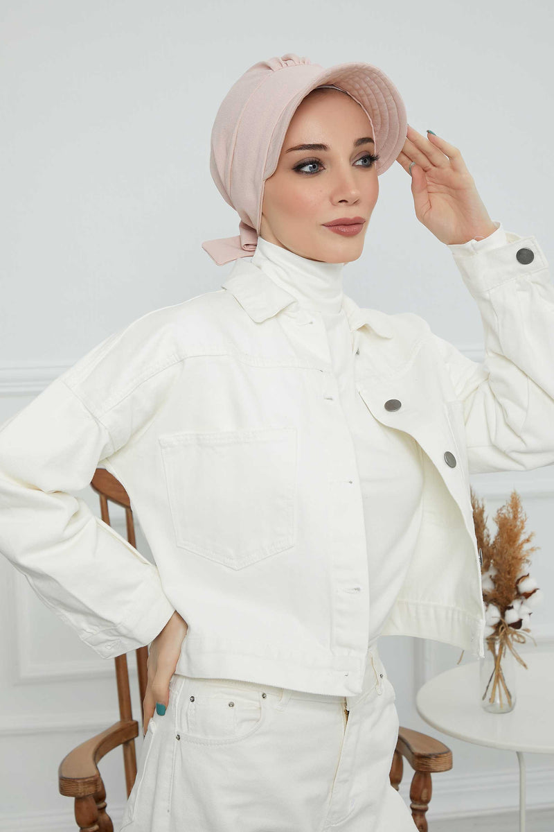 Fancy Visor Turban Headscarf for Women, Instant Turban Newsboy Hat, Cotton Turban Bonnet Cap, Plain Comfortable Chemo Visor Headwear,S-1 Light Powder