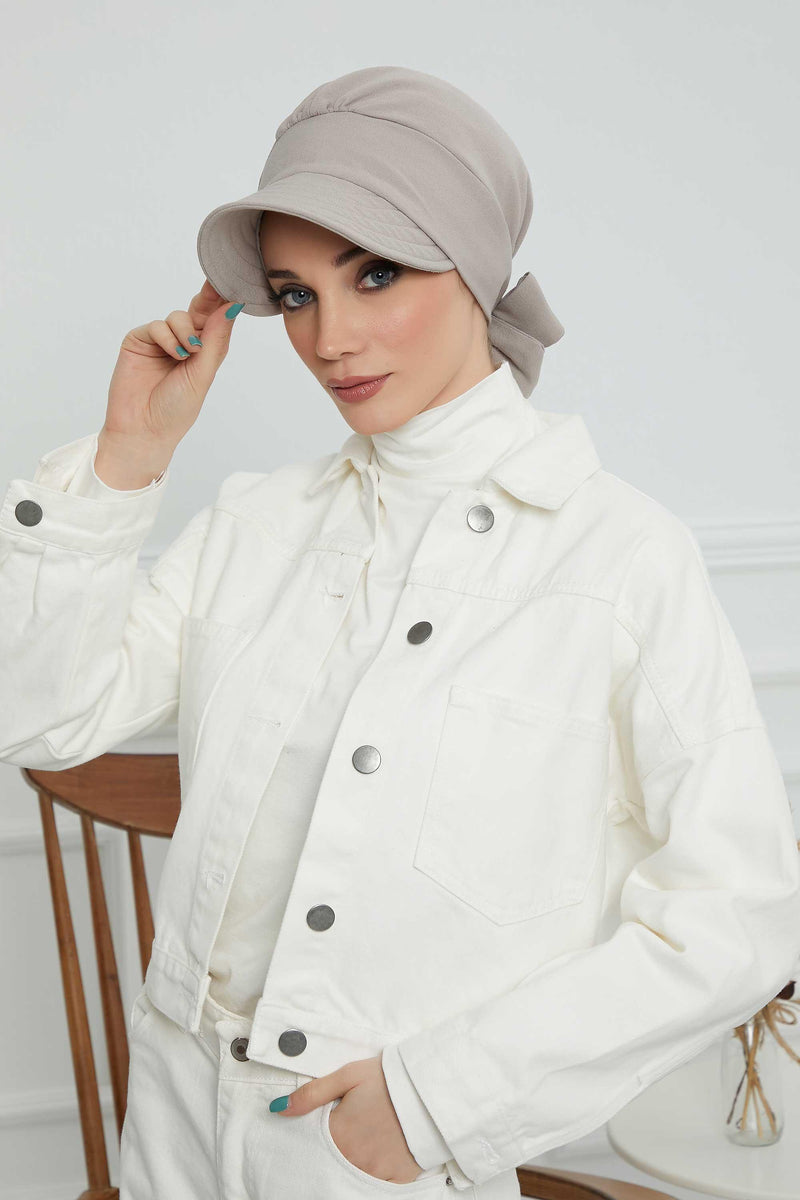 Fancy Visor Turban Headscarf for Women, Instant Turban Newsboy Hat, Cotton Turban Bonnet Cap, Plain Comfortable Chemo Visor Headwear,S-1 Grey