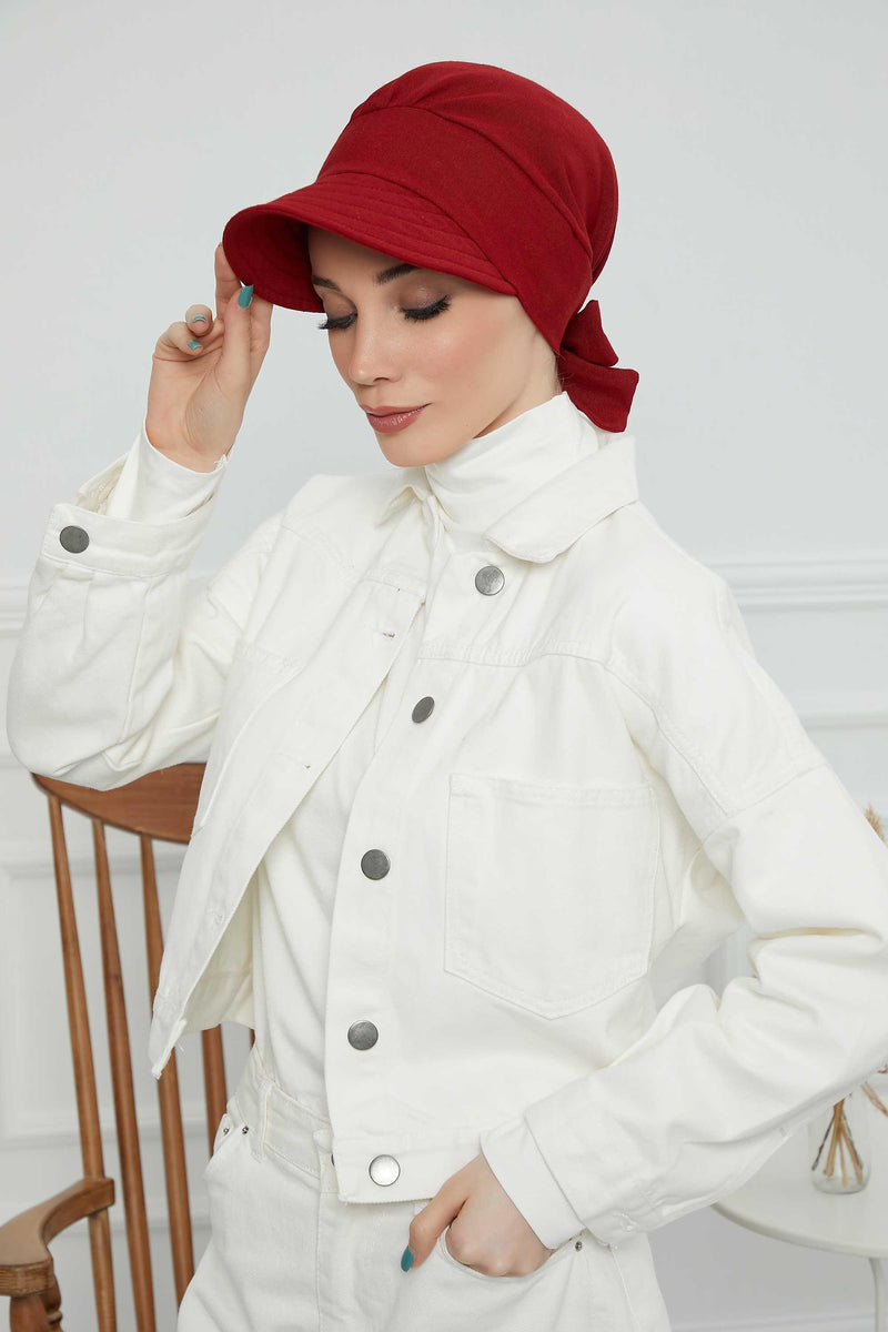 Fancy Visor Turban Headscarf for Women, Instant Turban Newsboy Hat, Cotton Turban Bonnet Cap, Plain Comfortable Chemo Visor Headwear,S-1 Dark Maroon