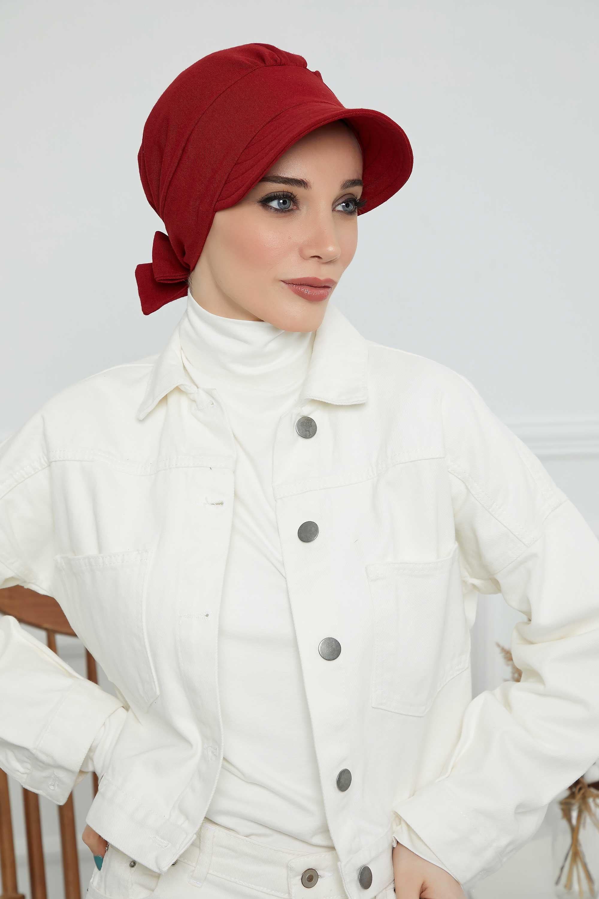 Fancy Visor Turban Headscarf for Women, Instant Turban Newsboy Hat, Cotton Turban Bonnet Cap, Plain Comfortable Chemo Visor Headwear,S-1 Dark Maroon