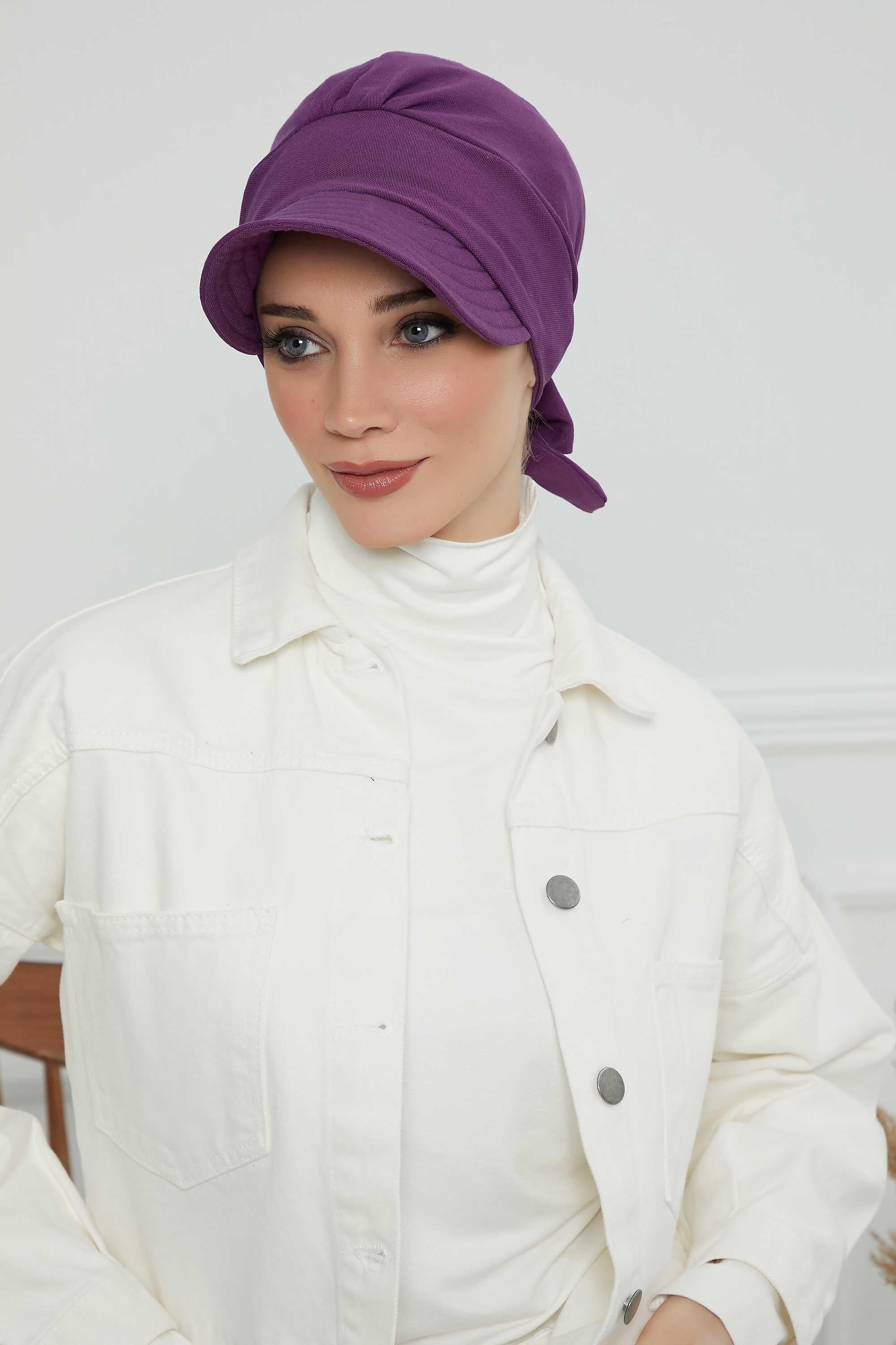 Fancy Visor Turban Headscarf for Women, Instant Turban Newsboy Hat, Cotton Turban Bonnet Cap, Plain Comfortable Chemo Visor Headwear,S-1 Purple