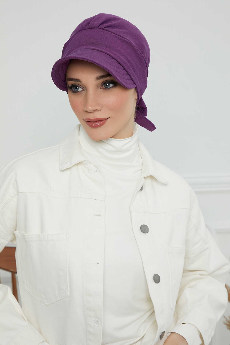 Fancy Visor Turban Headscarf for Women, Instant Turban Newsboy Hat, Cotton Turban Bonnet Cap, Plain Comfortable Chemo Visor Headwear,S-1 Purple