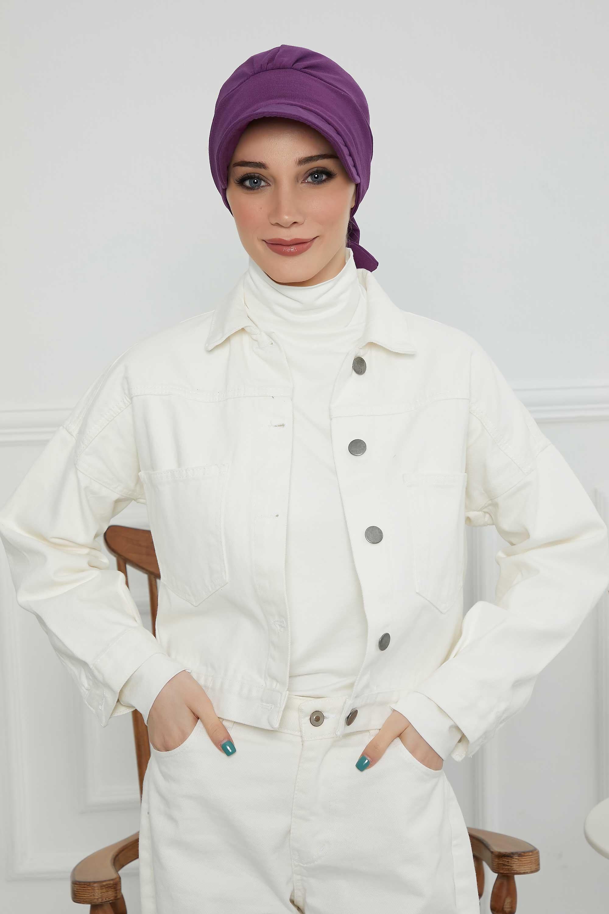 Fancy Visor Turban Headscarf for Women, Instant Turban Newsboy Hat, Cotton Turban Bonnet Cap, Plain Comfortable Chemo Visor Headwear,S-1 Purple