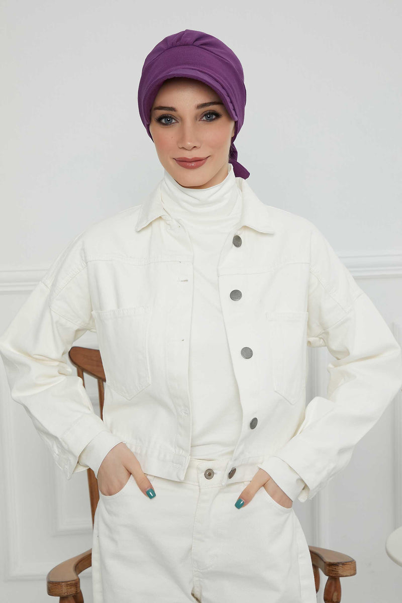 Fancy Visor Turban Headscarf for Women, Instant Turban Newsboy Hat, Cotton Turban Bonnet Cap, Plain Comfortable Chemo Visor Headwear,S-1 Purple