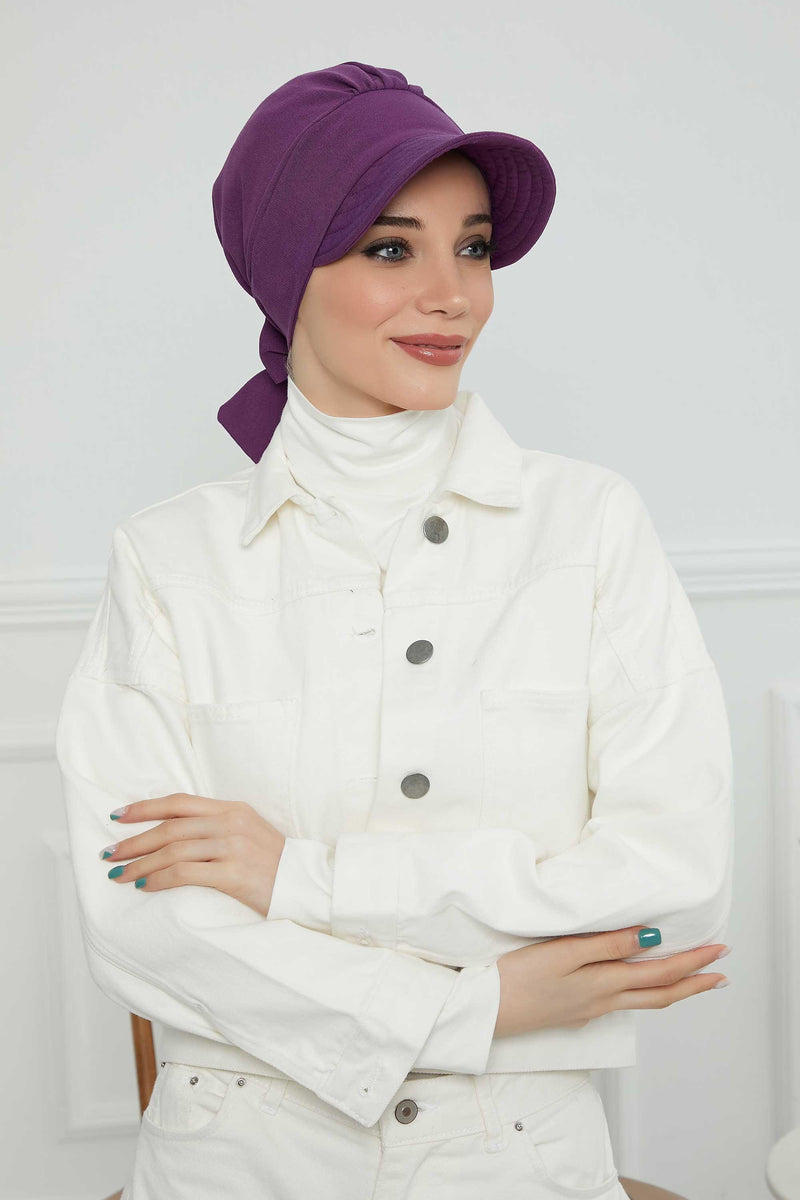 Fancy Visor Turban Headscarf for Women, Instant Turban Newsboy Hat, Cotton Turban Bonnet Cap, Plain Comfortable Chemo Visor Headwear,S-1 Purple