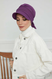 Fancy Visor Turban Headscarf for Women, Instant Turban Newsboy Hat, Cotton Turban Bonnet Cap, Plain Comfortable Chemo Visor Headwear,S-1 Purple