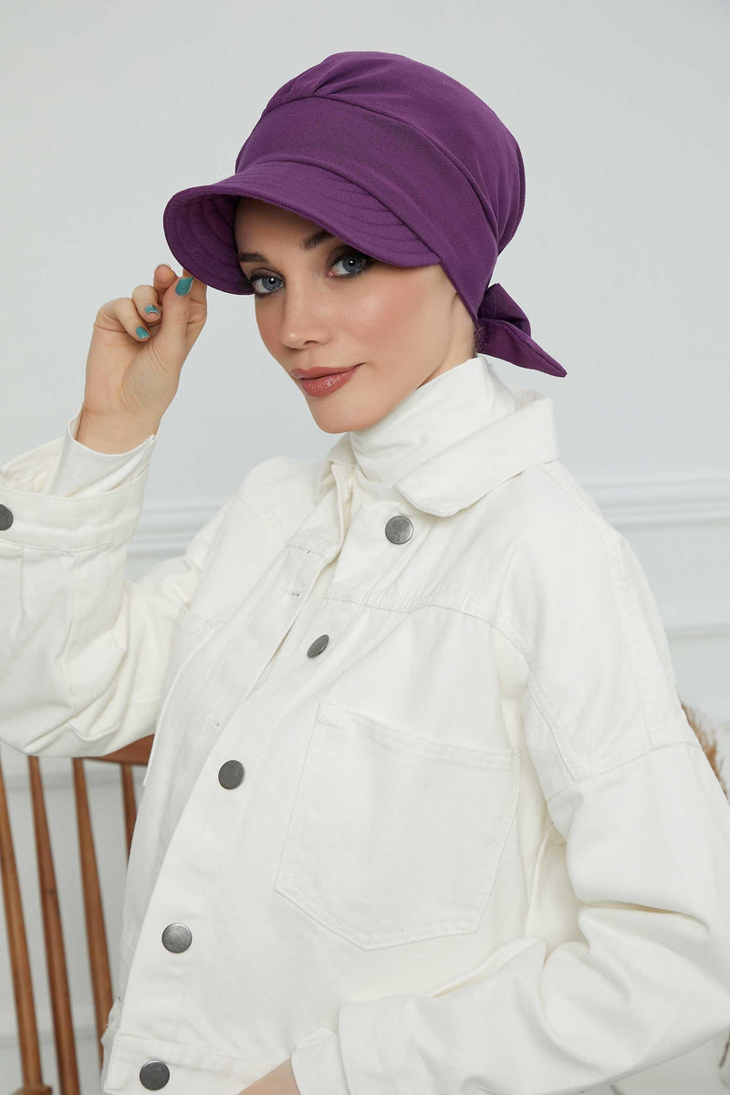 Fancy Visor Turban Headscarf for Women, Instant Turban Newsboy Hat, Cotton Turban Bonnet Cap, Plain Comfortable Chemo Visor Headwear,S-1 Purple