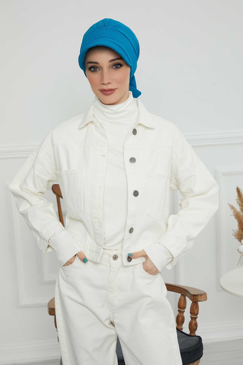 Fancy Visor Turban Headscarf for Women, Instant Turban Newsboy Hat, Cotton Turban Bonnet Cap, Plain Comfortable Chemo Visor Headwear,S-1 Petrol Green