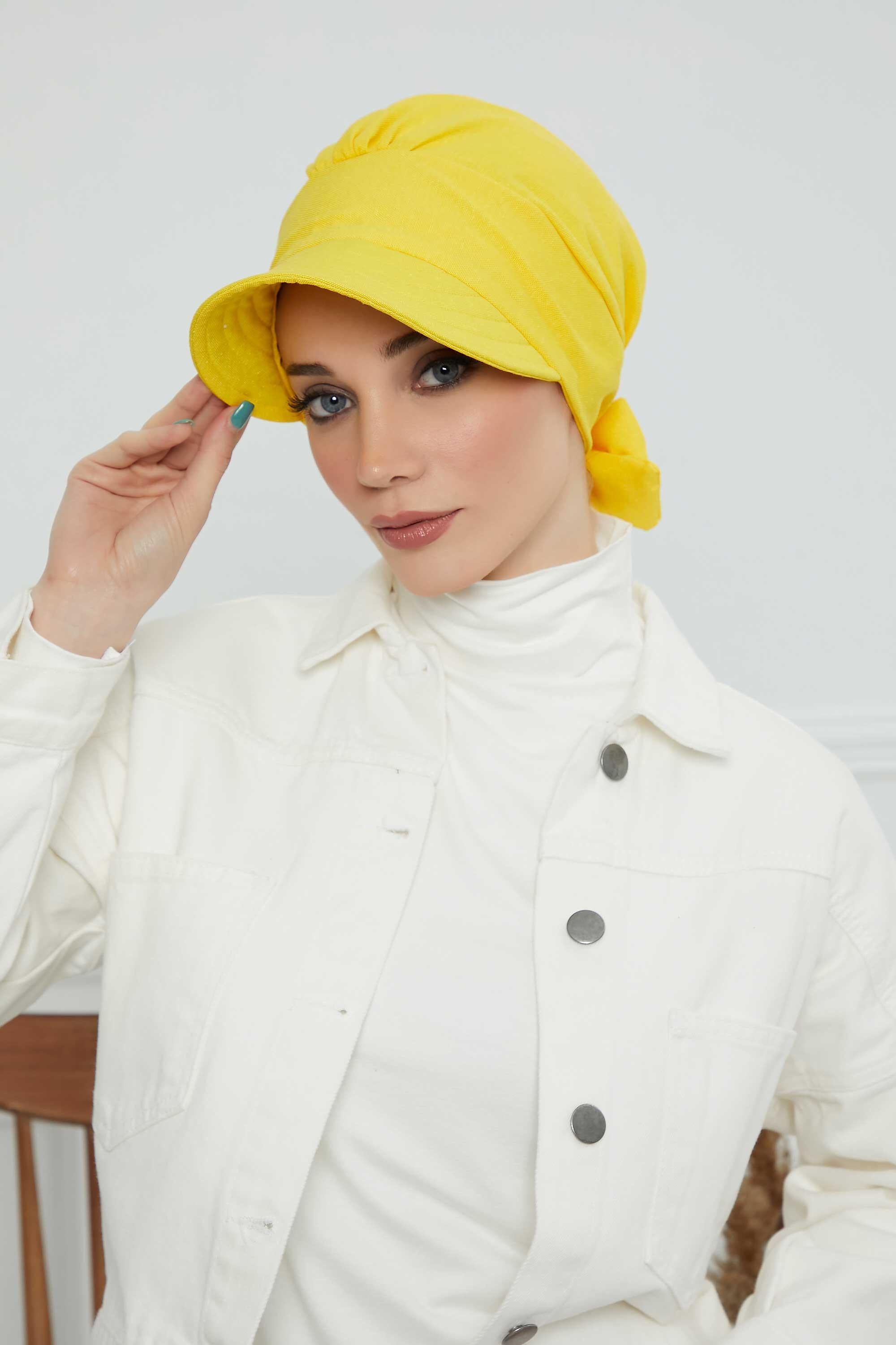 Fancy Visor Turban Headscarf for Women, Instant Turban Newsboy Hat, Cotton Turban Bonnet Cap, Plain Comfortable Chemo Visor Headwear,S-1 Yellow