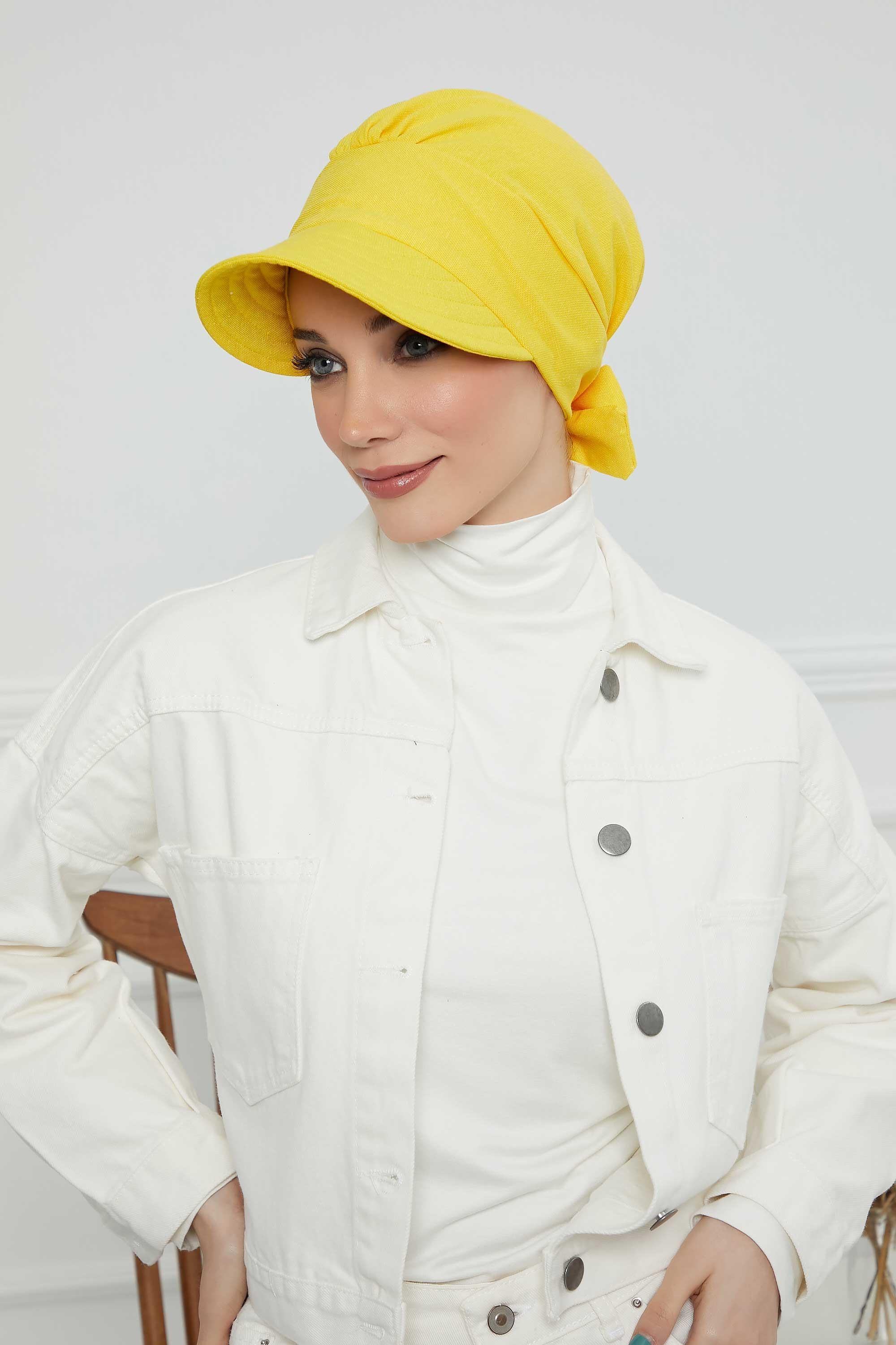 Fancy Visor Turban Headscarf for Women, Instant Turban Newsboy Hat, Cotton Turban Bonnet Cap, Plain Comfortable Chemo Visor Headwear,S-1 Yellow