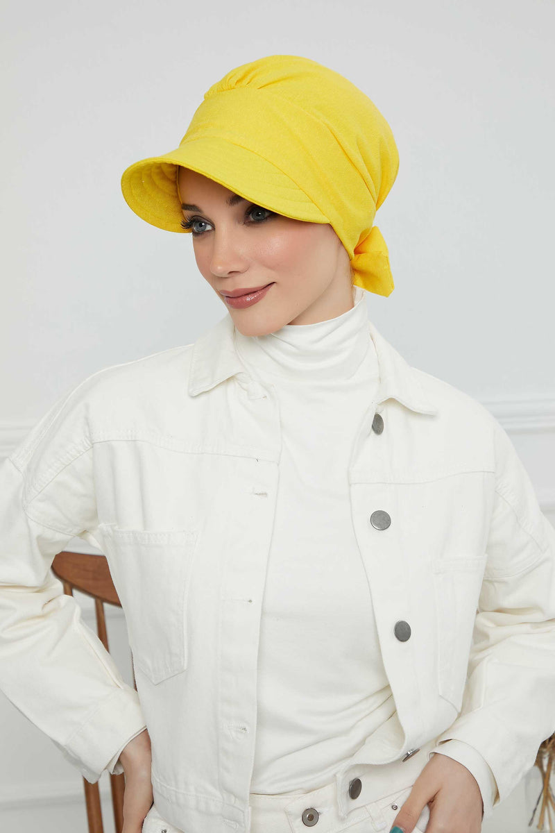 Fancy Visor Turban Headscarf for Women, Instant Turban Newsboy Hat, Cotton Turban Bonnet Cap, Plain Comfortable Chemo Visor Headwear,S-1 Yellow
