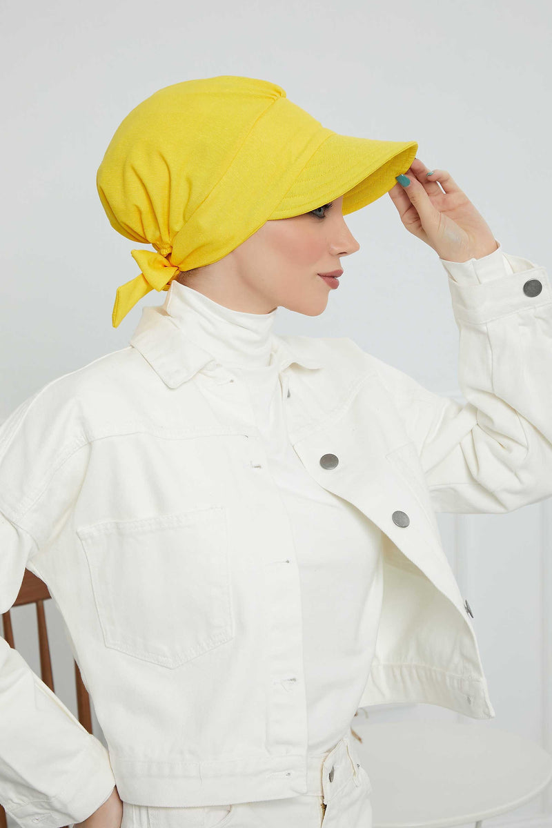 Fancy Visor Turban Headscarf for Women, Instant Turban Newsboy Hat, Cotton Turban Bonnet Cap, Plain Comfortable Chemo Visor Headwear,S-1 Yellow