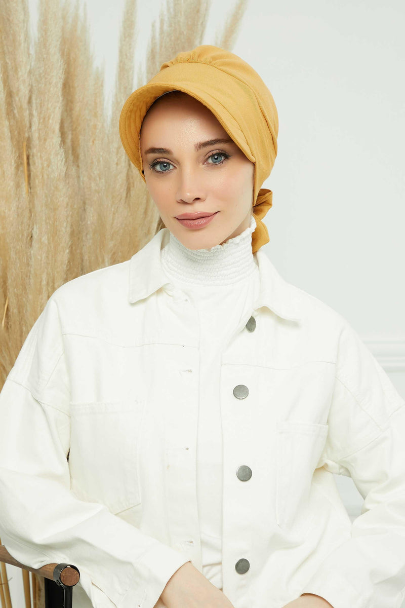 Fancy Visor Turban Headscarf for Women, Instant Turban Newsboy Hat, Cotton Turban Bonnet Cap, Plain Comfortable Chemo Visor Headwear,S-1 Mustard Yellow