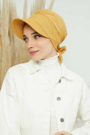 Fancy Visor Turban Headscarf for Women, Instant Turban Newsboy Hat, Cotton Turban Bonnet Cap, Plain Comfortable Chemo Visor Headwear,S-1 Mustard Yellow