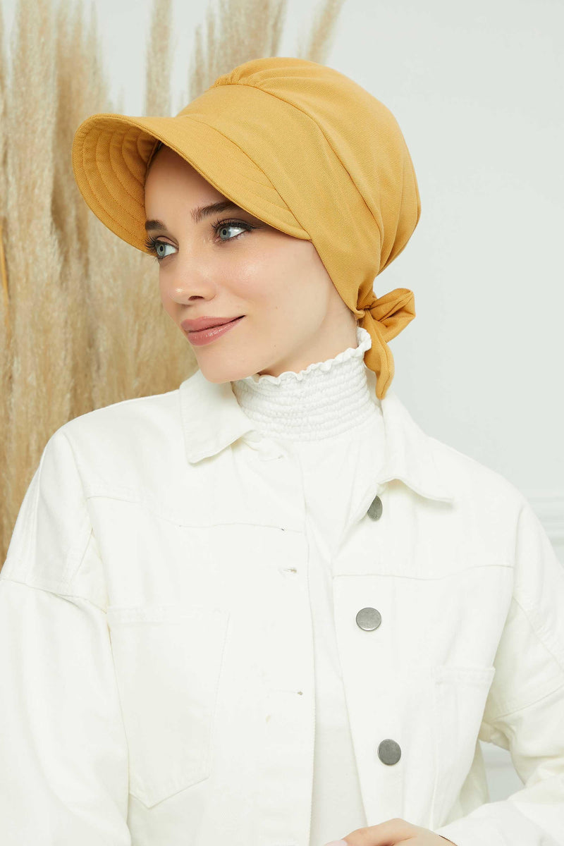 Fancy Visor Turban Headscarf for Women, Instant Turban Newsboy Hat, Cotton Turban Bonnet Cap, Plain Comfortable Chemo Visor Headwear,S-1 Mustard Yellow