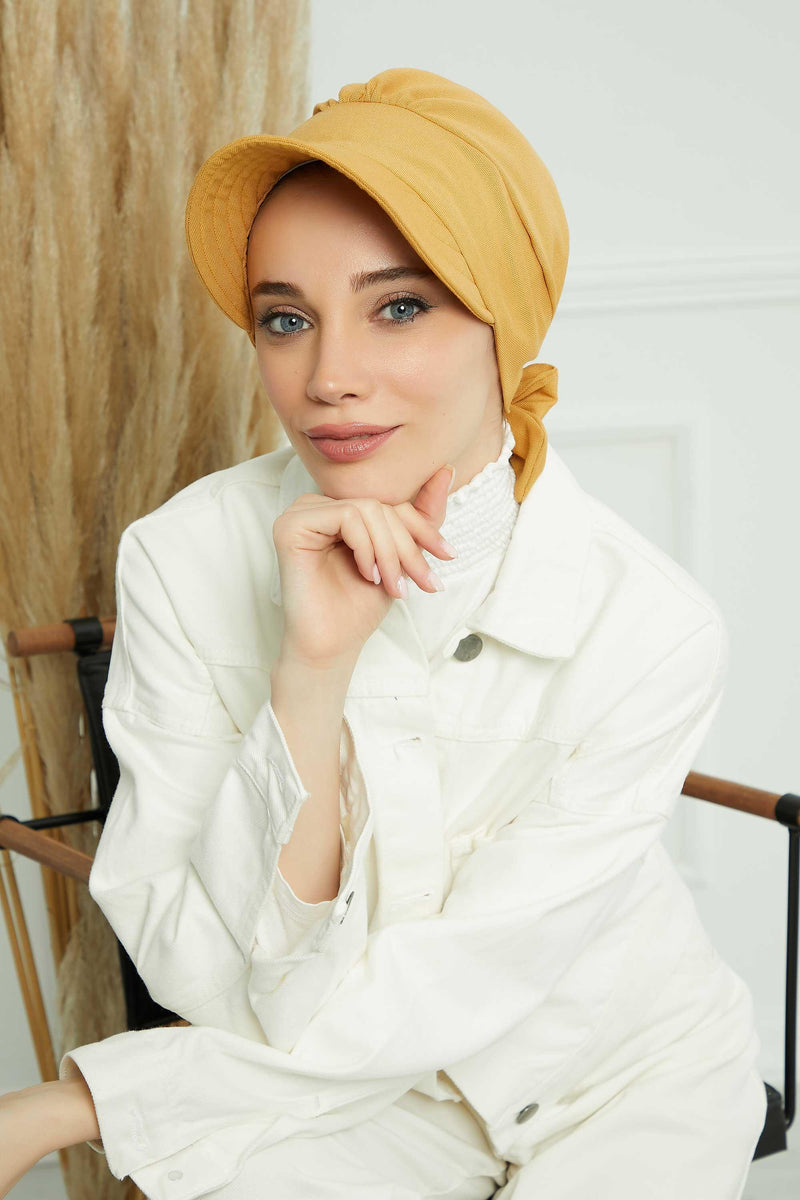 Fancy Visor Turban Headscarf for Women, Instant Turban Newsboy Hat, Cotton Turban Bonnet Cap, Plain Comfortable Chemo Visor Headwear,S-1 Mustard Yellow