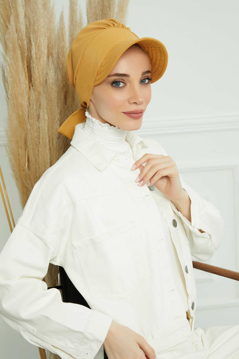 Fancy Visor Turban Headscarf for Women, Instant Turban Newsboy Hat, Cotton Turban Bonnet Cap, Plain Comfortable Chemo Visor Headwear,S-1 Mustard Yellow
