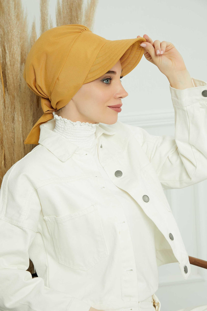 Fancy Visor Turban Headscarf for Women, Instant Turban Newsboy Hat, Cotton Turban Bonnet Cap, Plain Comfortable Chemo Visor Headwear,S-1 Mustard Yellow