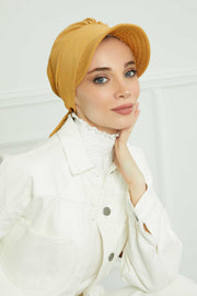 Fancy Visor Turban Headscarf for Women, Instant Turban Newsboy Hat, Cotton Turban Bonnet Cap, Plain Comfortable Chemo Visor Headwear,S-1 Mustard Yellow