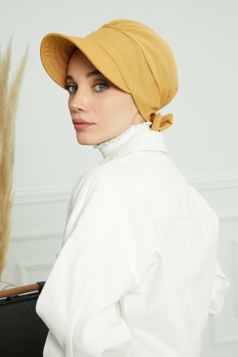 Fancy Visor Turban Headscarf for Women, Instant Turban Newsboy Hat, Cotton Turban Bonnet Cap, Plain Comfortable Chemo Visor Headwear,S-1 Mustard Yellow