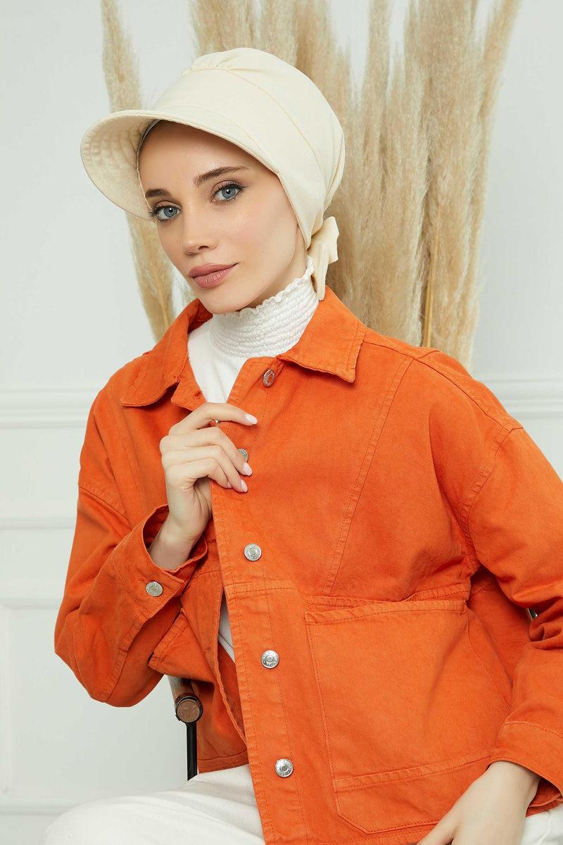 Fancy Visor Turban Headscarf for Women, Instant Turban Newsboy Hat, Cotton Turban Bonnet Cap, Plain Comfortable Chemo Visor Headwear,S-1 Ivory