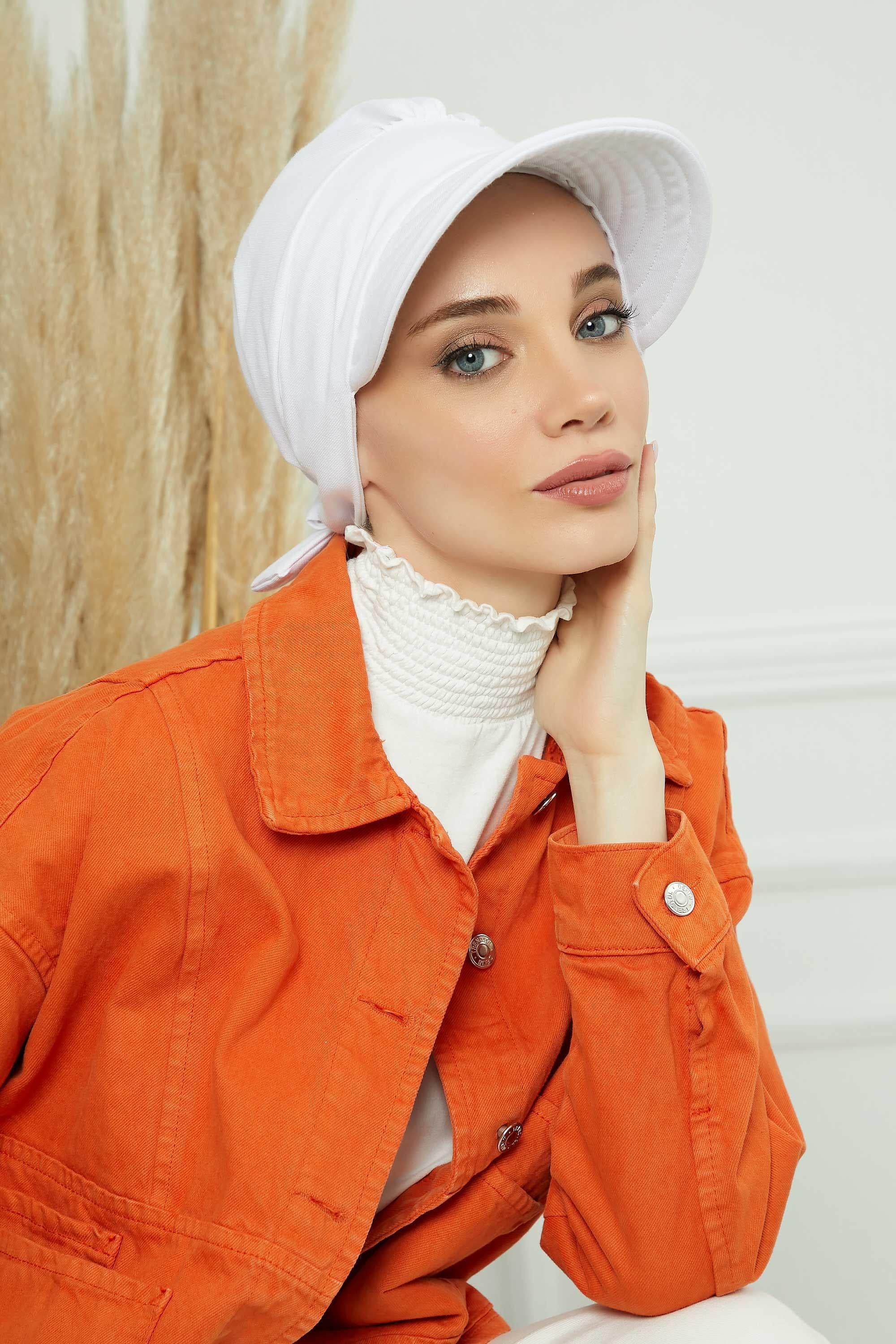 Fancy Visor Turban Headscarf for Women, Instant Turban Newsboy Hat, Cotton Turban Bonnet Cap, Plain Comfortable Chemo Visor Headwear,S-1 White