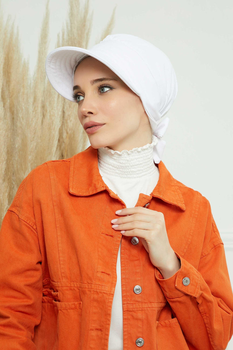Fancy Visor Turban Headscarf for Women, Instant Turban Newsboy Hat, Cotton Turban Bonnet Cap, Plain Comfortable Chemo Visor Headwear,S-1 White