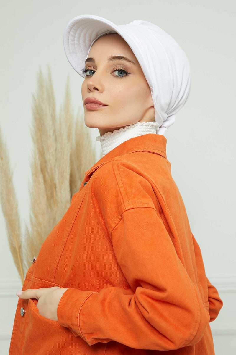 Fancy Visor Turban Headscarf for Women, Instant Turban Newsboy Hat, Cotton Turban Bonnet Cap, Plain Comfortable Chemo Visor Headwear,S-1 White