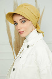 Fancy Visor Turban Headscarf for Women, Instant Turban Newsboy Hat, Cotton Turban Bonnet Cap, Plain Comfortable Chemo Visor Headwear,S-1 Light Mustard