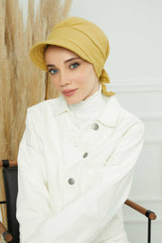 Fancy Visor Turban Headscarf for Women, Instant Turban Newsboy Hat, Cotton Turban Bonnet Cap, Plain Comfortable Chemo Visor Headwear,S-1 Light Mustard