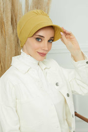Fancy Visor Turban Headscarf for Women, Instant Turban Newsboy Hat, Cotton Turban Bonnet Cap, Plain Comfortable Chemo Visor Headwear,S-1 Light Mustard