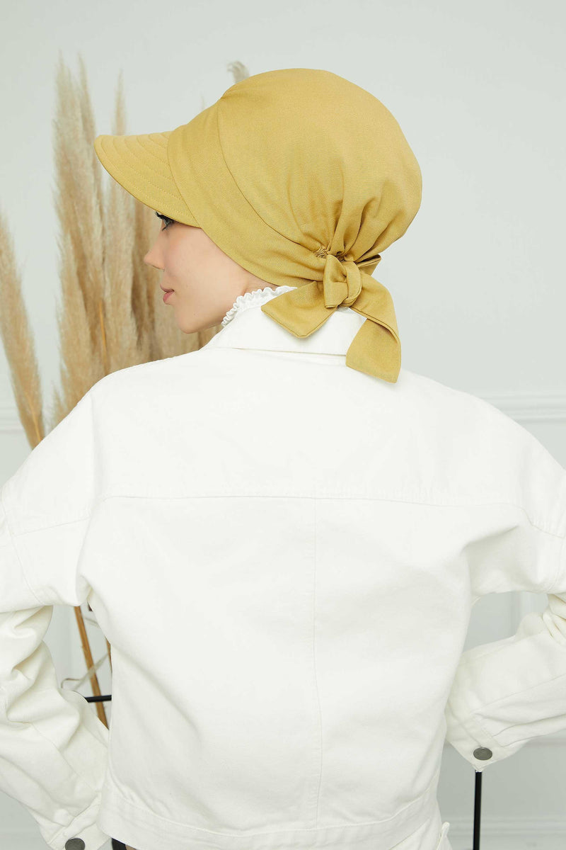 Fancy Visor Turban Headscarf for Women, Instant Turban Newsboy Hat, Cotton Turban Bonnet Cap, Plain Comfortable Chemo Visor Headwear,S-1 Light Mustard