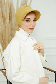 Fancy Visor Turban Headscarf for Women, Instant Turban Newsboy Hat, Cotton Turban Bonnet Cap, Plain Comfortable Chemo Visor Headwear,S-1 Light Mustard