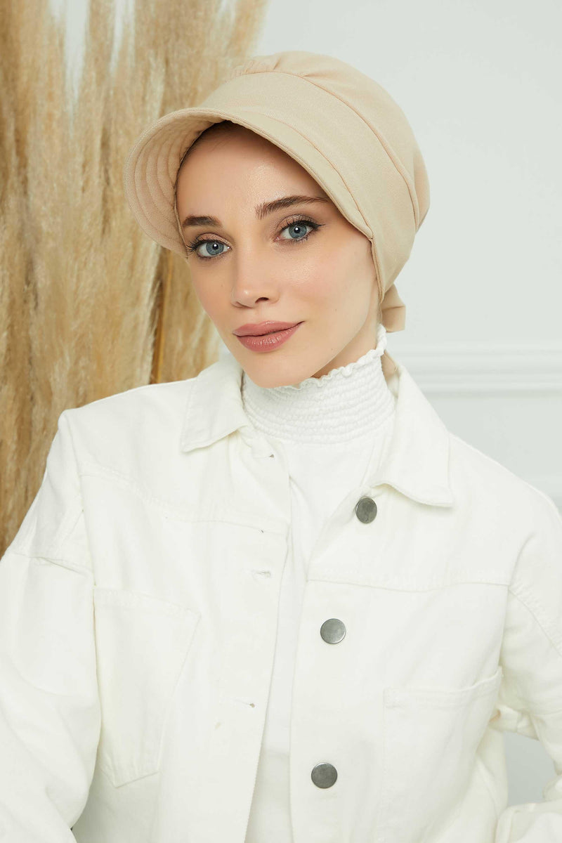 Fancy Visor Turban Headscarf for Women, Instant Turban Newsboy Hat, Cotton Turban Bonnet Cap, Plain Comfortable Chemo Visor Headwear,S-1 Beige