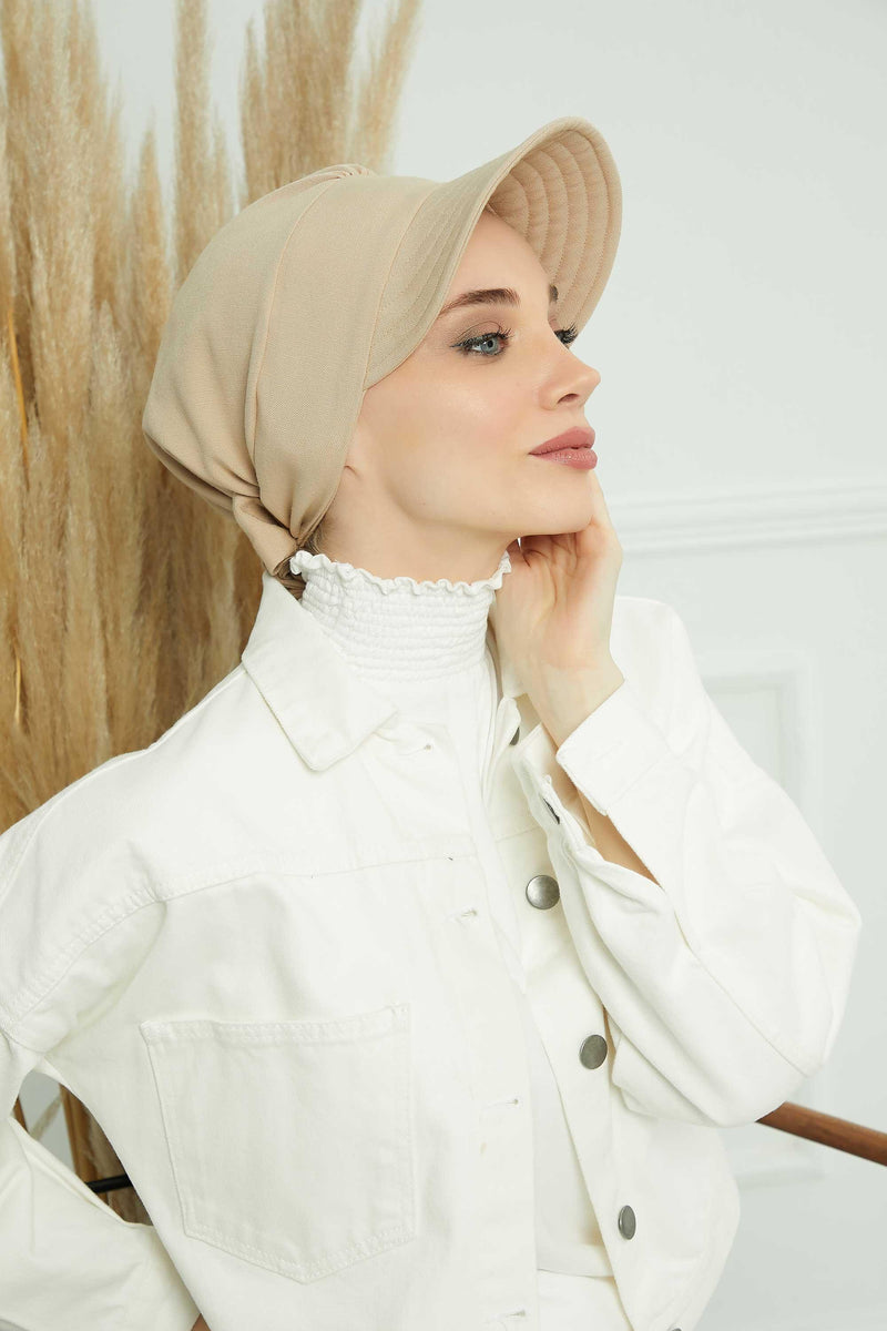 Fancy Visor Turban Headscarf for Women, Instant Turban Newsboy Hat, Cotton Turban Bonnet Cap, Plain Comfortable Chemo Visor Headwear,S-1 Beige