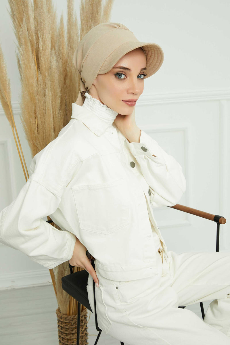 Fancy Visor Turban Headscarf for Women, Instant Turban Newsboy Hat, Cotton Turban Bonnet Cap, Plain Comfortable Chemo Visor Headwear,S-1 Beige