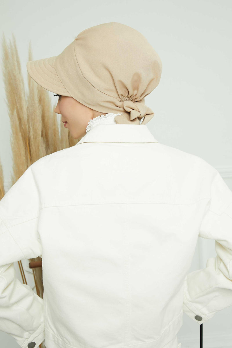 Fancy Visor Turban Headscarf for Women, Instant Turban Newsboy Hat, Cotton Turban Bonnet Cap, Plain Comfortable Chemo Visor Headwear,S-1 Beige