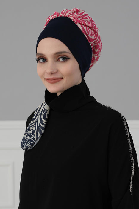 Instant Turban with Beautiful Floral Patterns, Quick-Tie Turban Head Cover, Contemporary Patterned Easy Head Cover for Women,HT-65D
