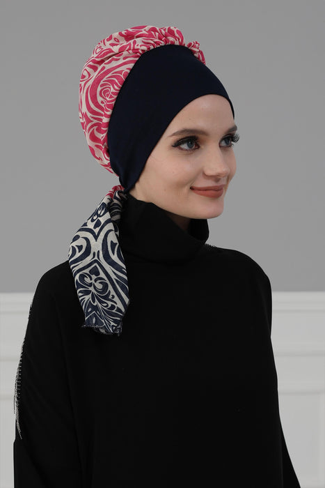 Instant Turban with Beautiful Floral Patterns, Quick-Tie Turban Head Cover, Contemporary Patterned Easy Head Cover for Women,HT-65D