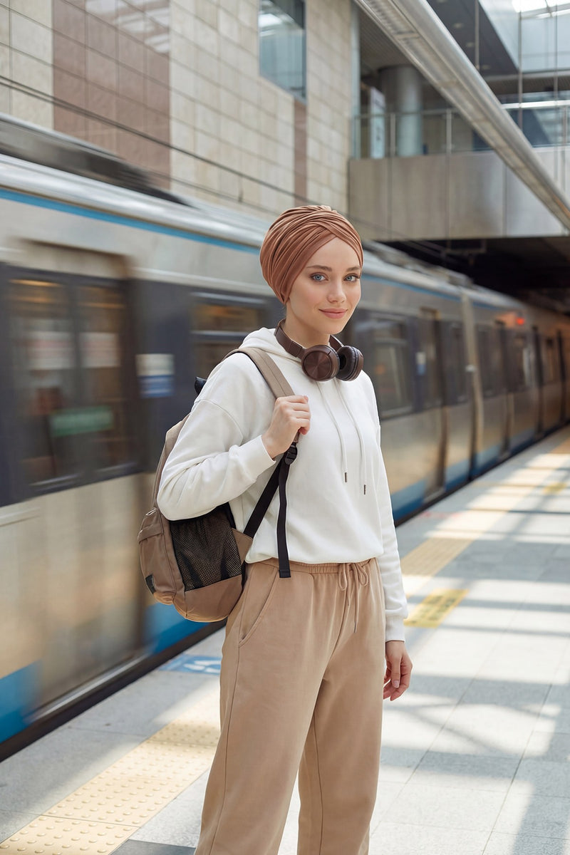 عمامة فورية قطنية سادة وشاح للرأس قبعة خفيفة الوزن للنساء، B-9