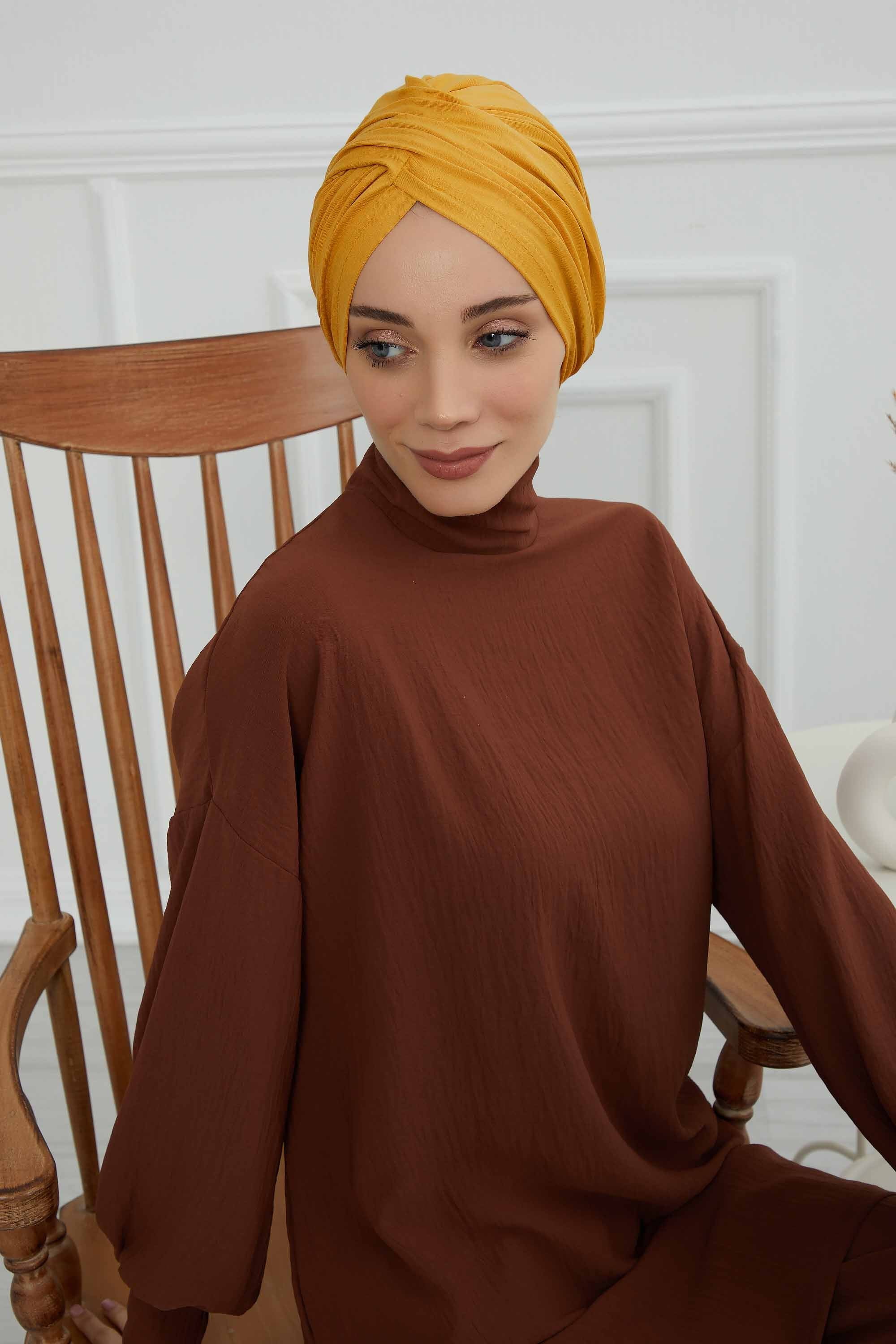 Instant Turban Plain Cotton Scarf Head Wrap Lightweight Hat Bonnet Cap for Women,B-9 Mustard Yellow