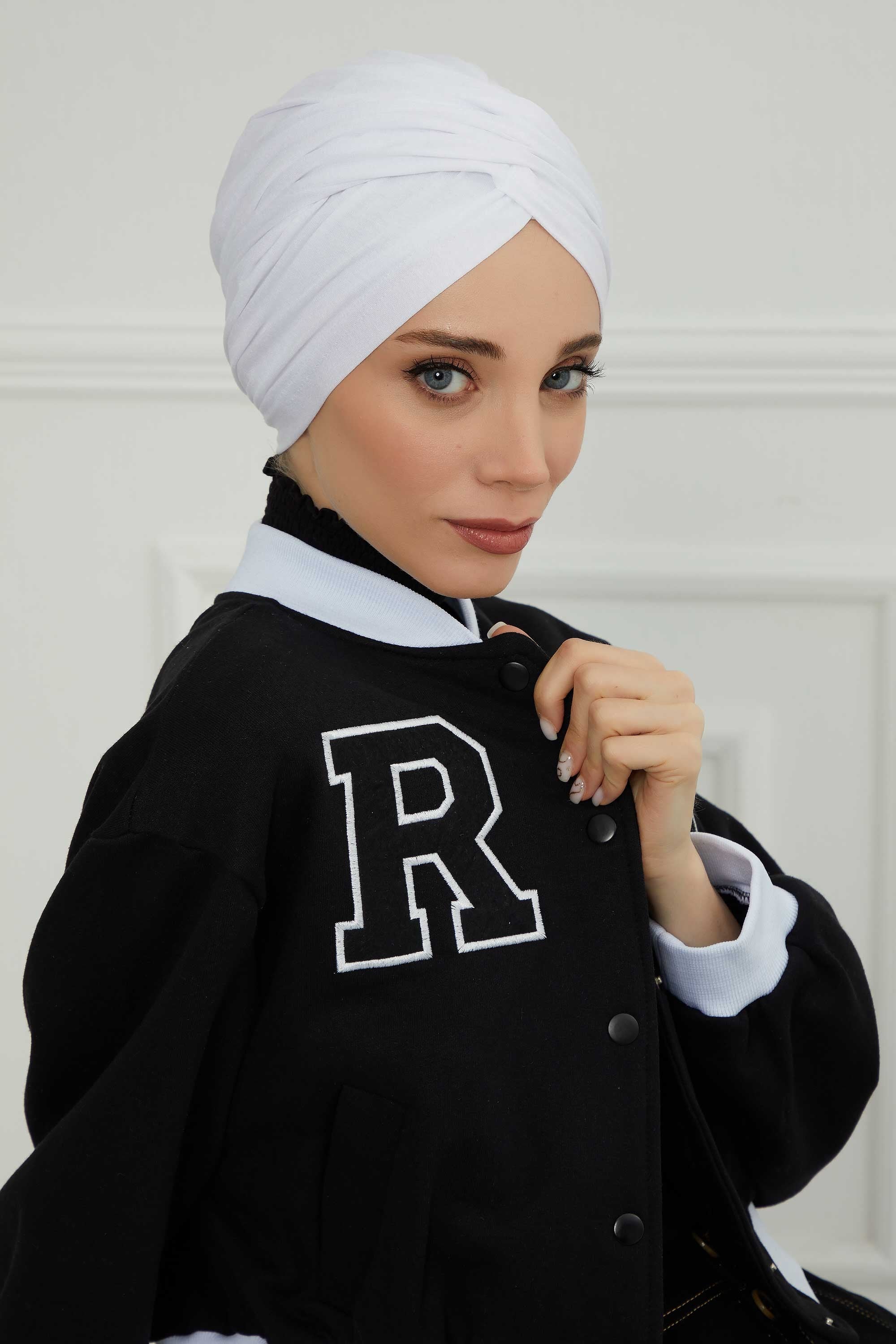 Instant Turban Plain Cotton Scarf Head Wrap Lightweight Hat Bonnet Cap for Women,B-9 White