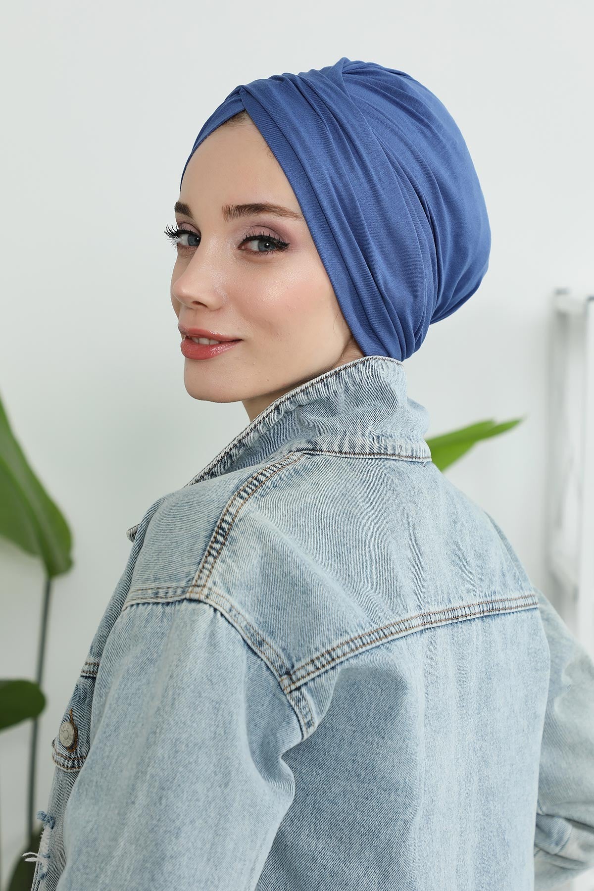 Instant Turban Plain Cotton Scarf Head Wrap Lightweight Hat Bonnet Cap for Women,B-9 İndigo