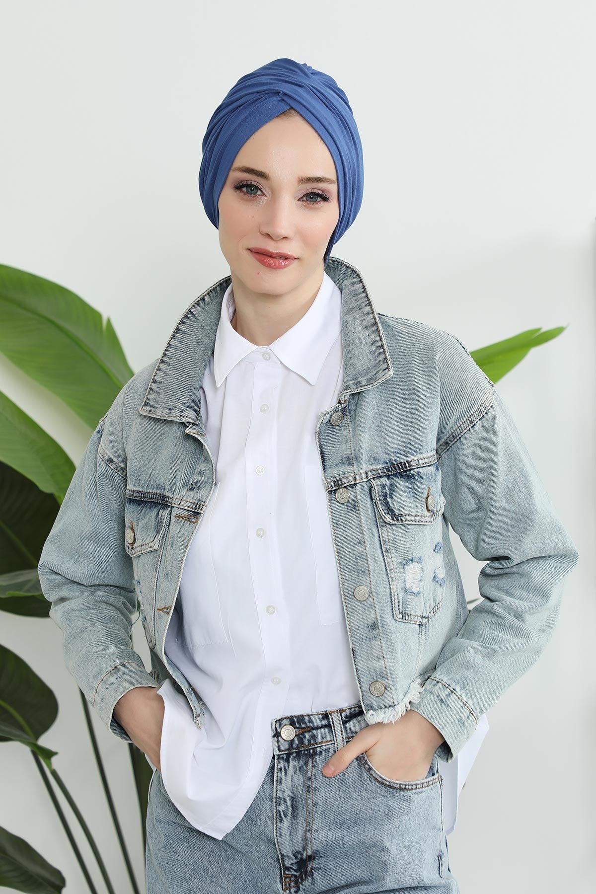 Instant Turban Plain Cotton Scarf Head Wrap Lightweight Hat Bonnet Cap for Women,B-9 İndigo