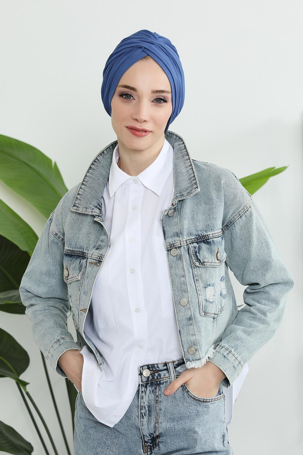 Instant Turban Plain Cotton Scarf Head Wrap Lightweight Hat Bonnet Cap for Women,B-9 İndigo