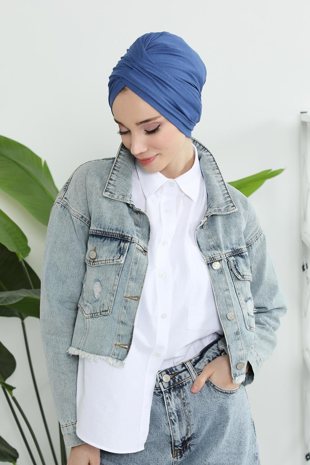 Instant Turban Plain Cotton Scarf Head Wrap Lightweight Hat Bonnet Cap for Women,B-9 İndigo