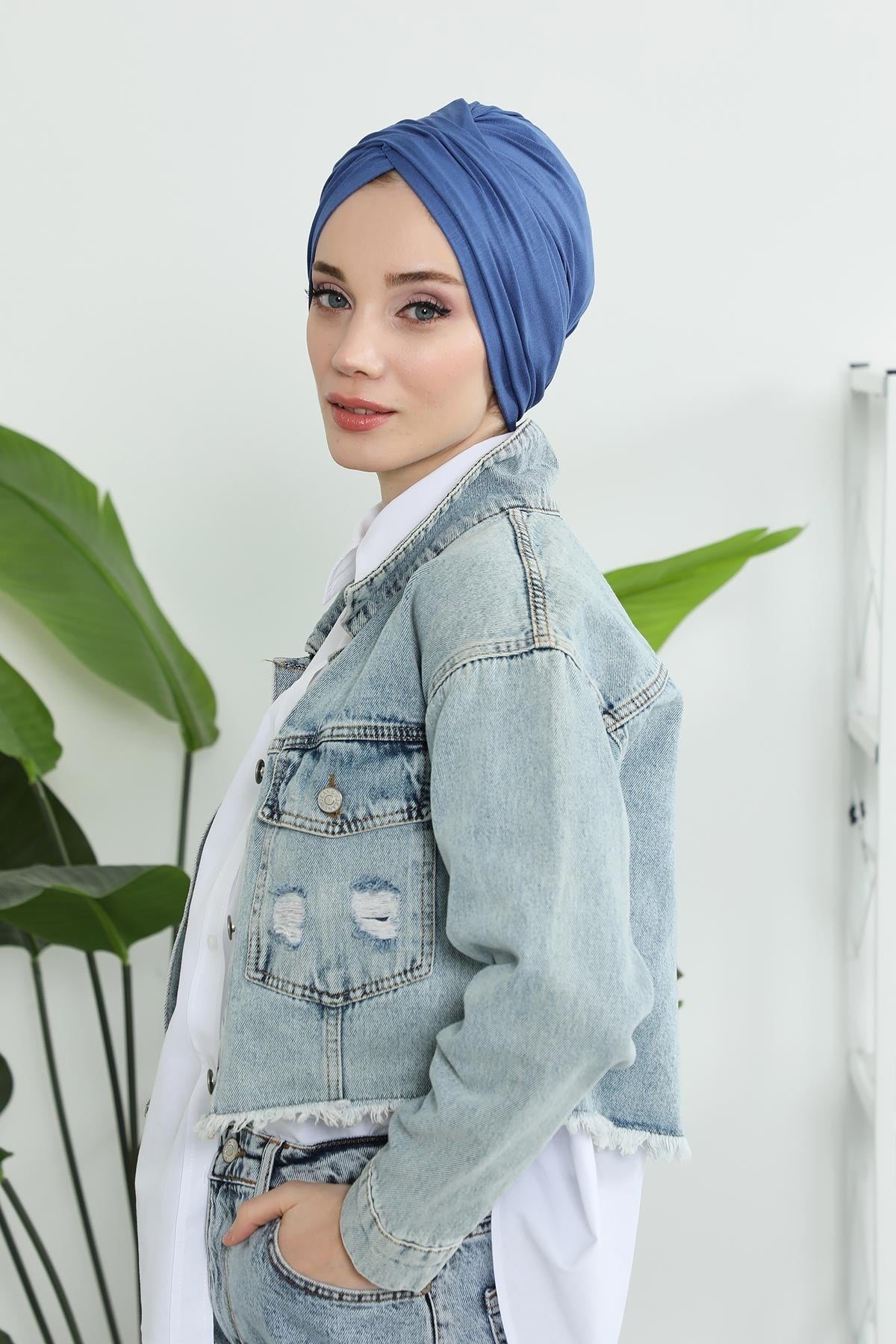 Instant Turban Plain Cotton Scarf Head Wrap Lightweight Hat Bonnet Cap for Women,B-9 İndigo